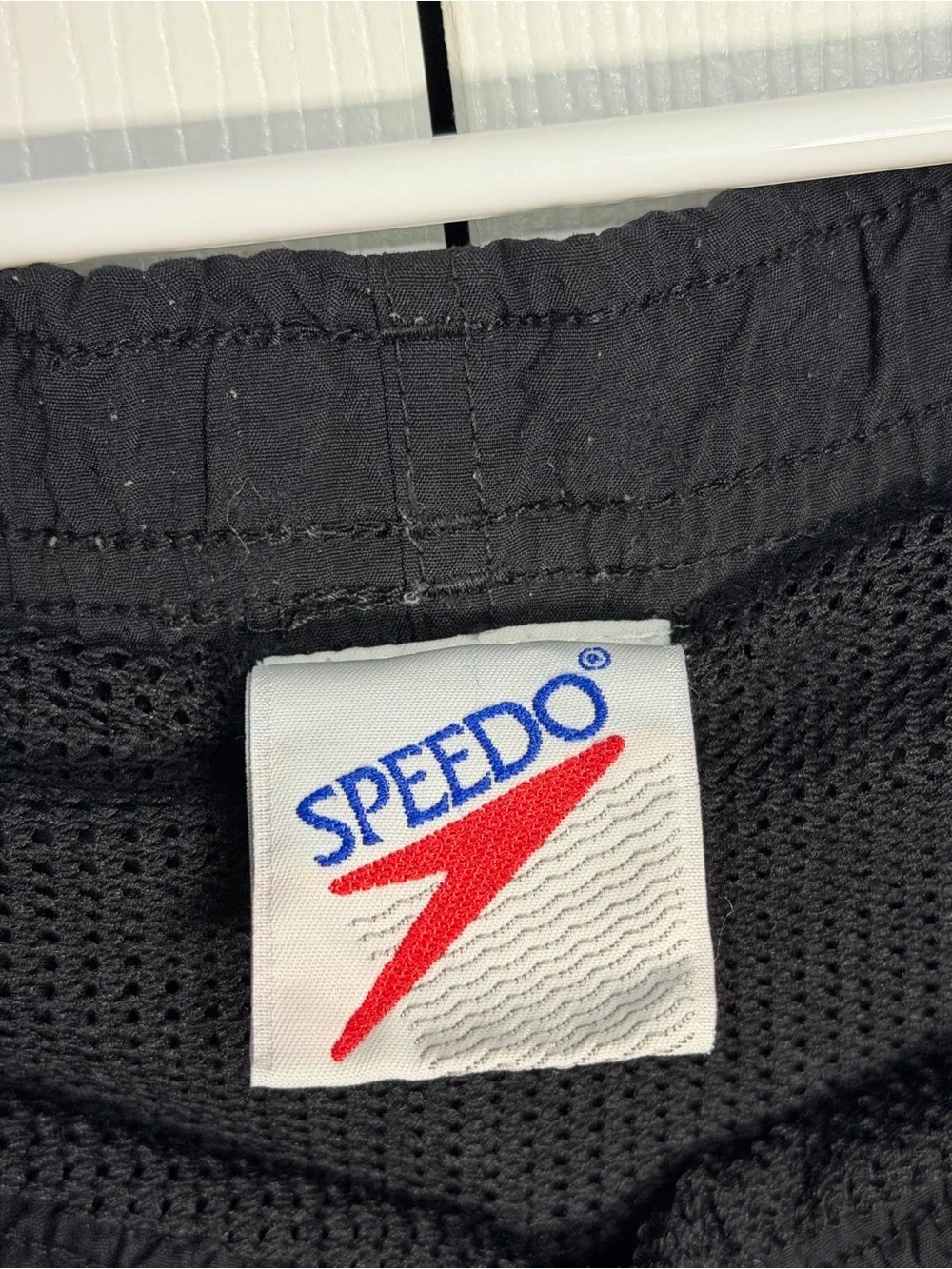Vintage 90s Retro Speedo Black Swim Trunks with Purple Logo Accent